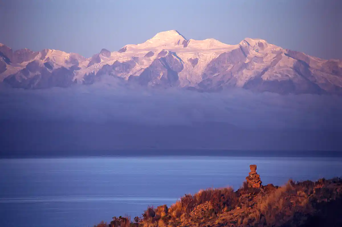 Lake Titicaca, the Island of the Moon, and the holy mountains of Ancohuma and Illampu, Bolivia