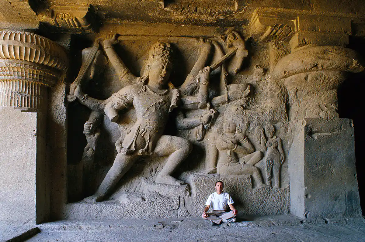 Shiva slaying the demon Andhakasura, who had lusted after his wife Parvati. Ellora, India