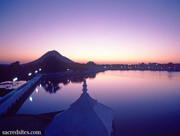 Pushkar Lake at Sunset, Hill of Saraswati in distance