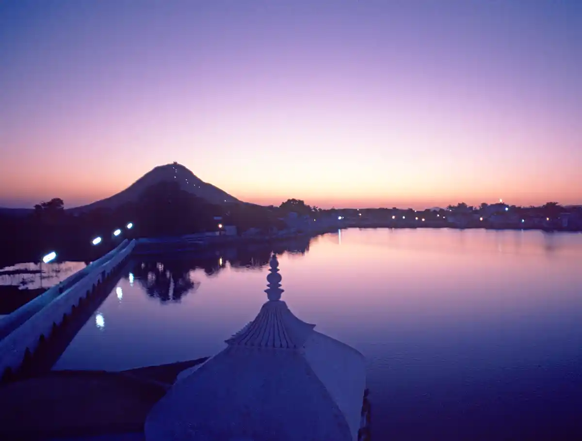 Pushkar Lake at Sunset, Hill of Saraswati in distance
