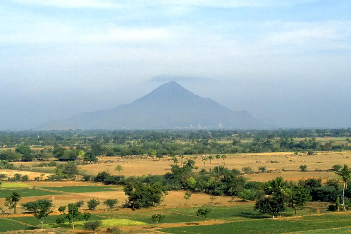 Mount Arunachala with Tiruvanamalai temple complex at the base Mount Arunachala with Tiruvanamalai temple complex at the base