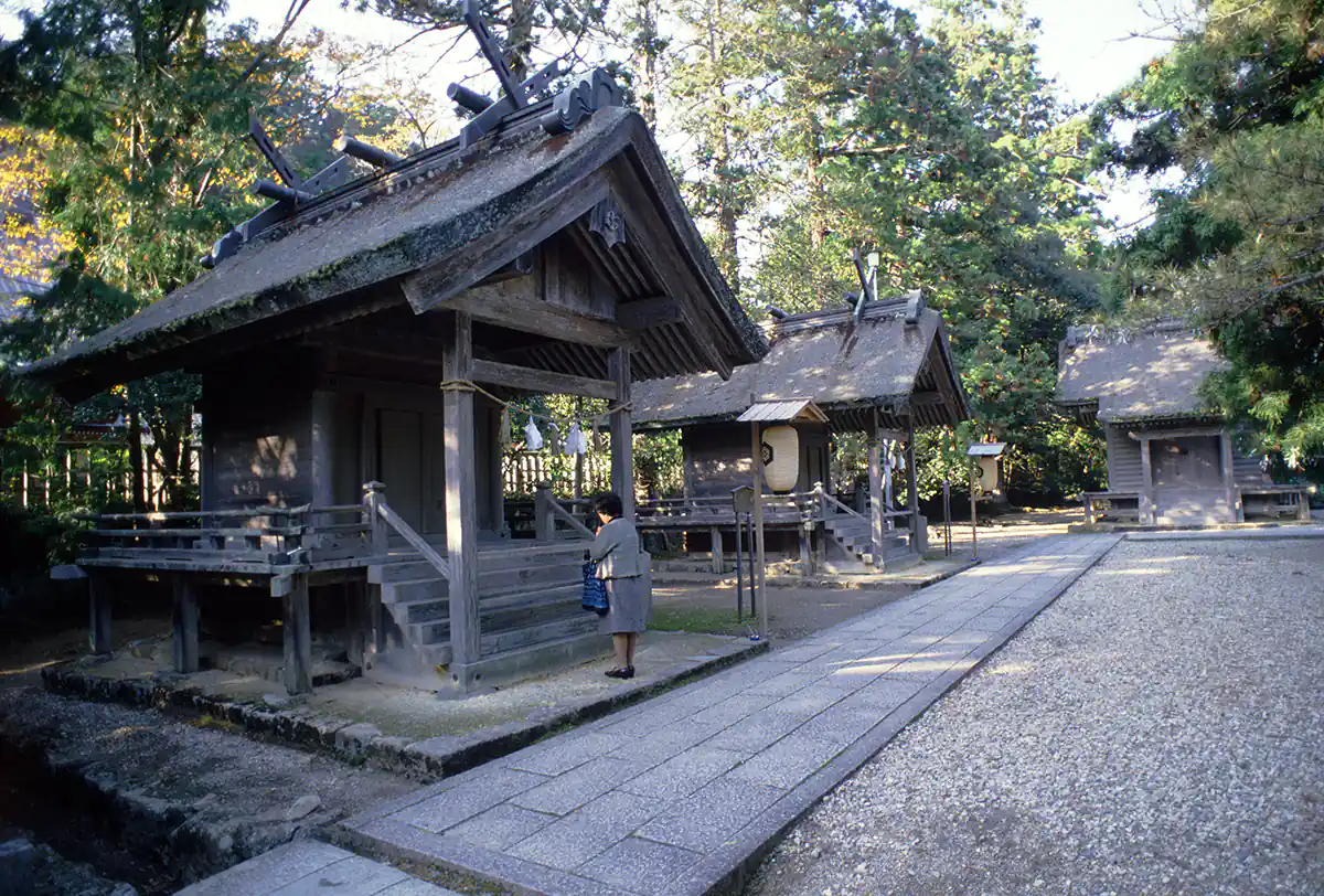 A pilgrim praying at a Kami spirit dwelling, Izumo Taisha temple