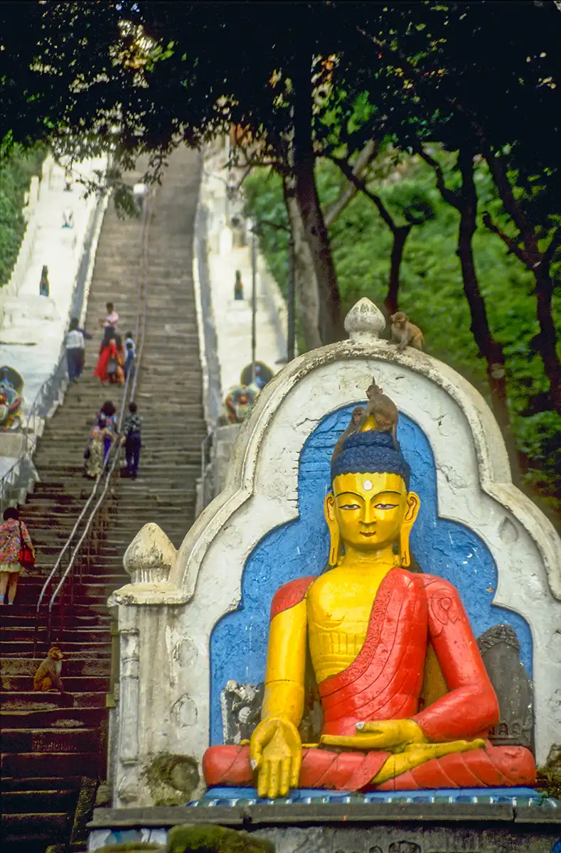 Stairway to Swayambhunath Stupa, Kathmandu, Nepal. Notice the monkeys sitting on Buddha's head. Stairway to Swayambhunath Stupa, Kathmandu, Nepal. Notice the monkeys sitting on Buddha's head