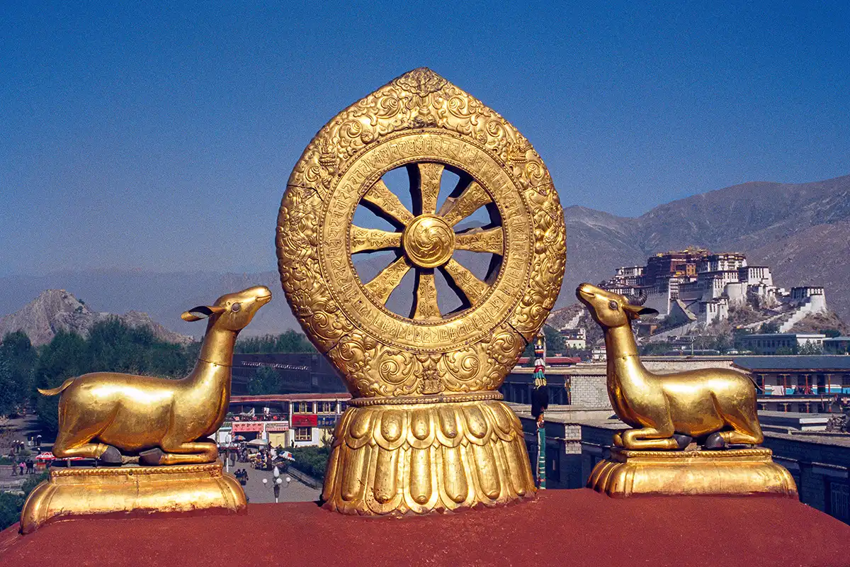 Roof of Jokhang Temple, Potala Palace in the distance, Lhasa, Tibet