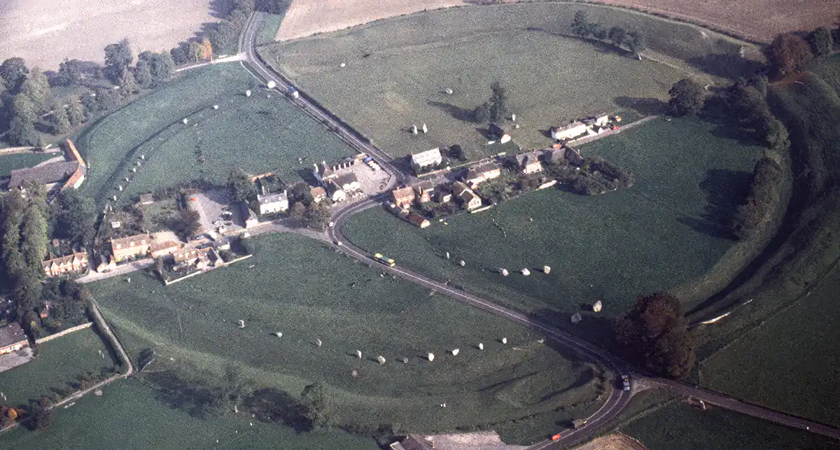 Aerial View of Avebury Stone Ring surrounding the village of Avebury Aerial View of Avebury Stone Ring surrounding the village of Avebury