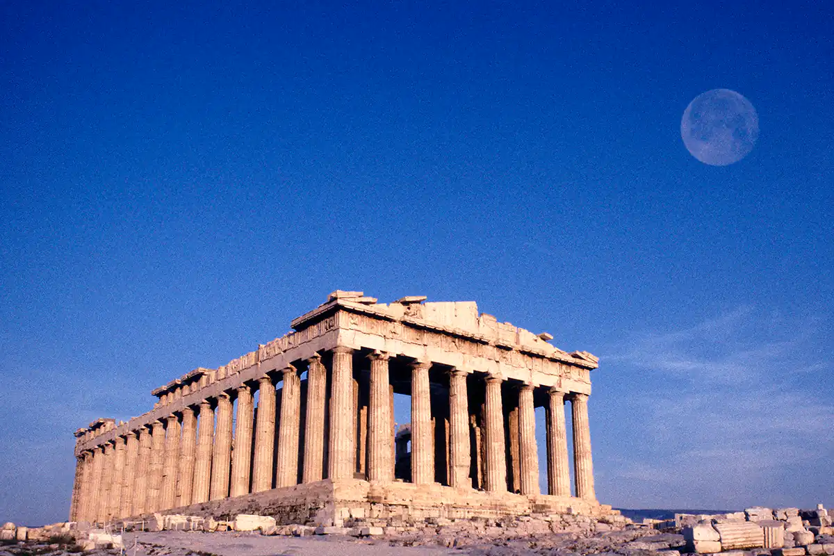 Moonrise over the Parthenon, the Acropolis, Athens, Greece