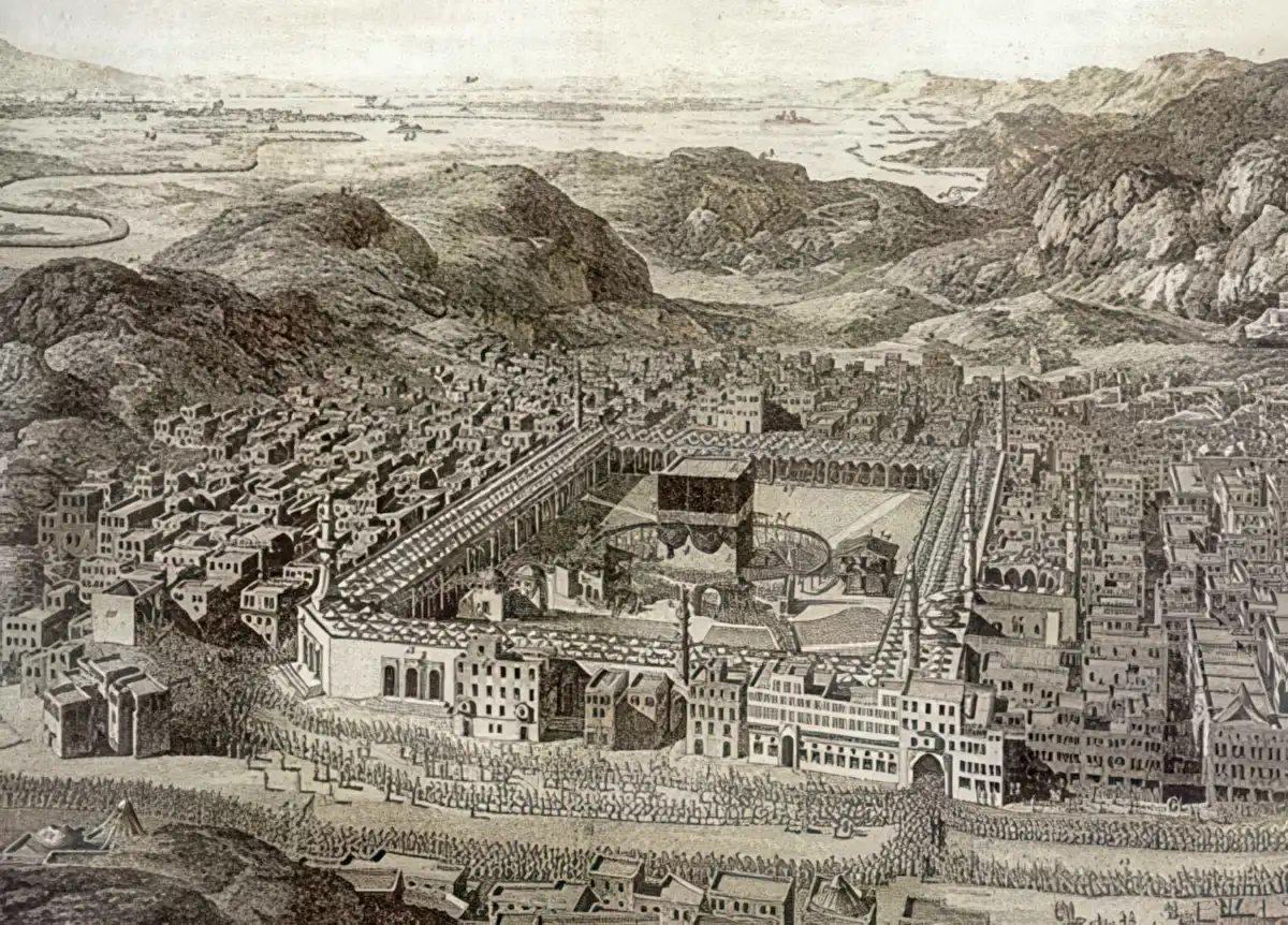 The Hajj pilgrimage to the Ka'ba in antiquity. At the bottom of the drawing notice the line of pilgrims entering the front of the Great Mosque. In the upper left corner of the drawing that line may be seen extending for many miles into the distance. The Hajj pilgrimage to the Ka'ba in antiquity. At the bottom of the drawing notice the line of pilgrims entering the front of the Great Mosque. In the upper left corner of the drawing that line may be seen extending for many miles into the distance.