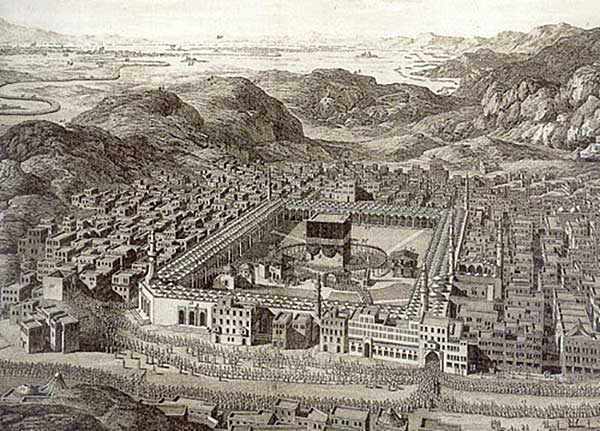 The Hajj pilgrimage to the Ka'ba in antiquity. At the bottom of the drawing notice the line of pilgrims entering the front of the Great Mosque. In the upper left corner of the drawing that line may be seen extending for many miles into the distance.