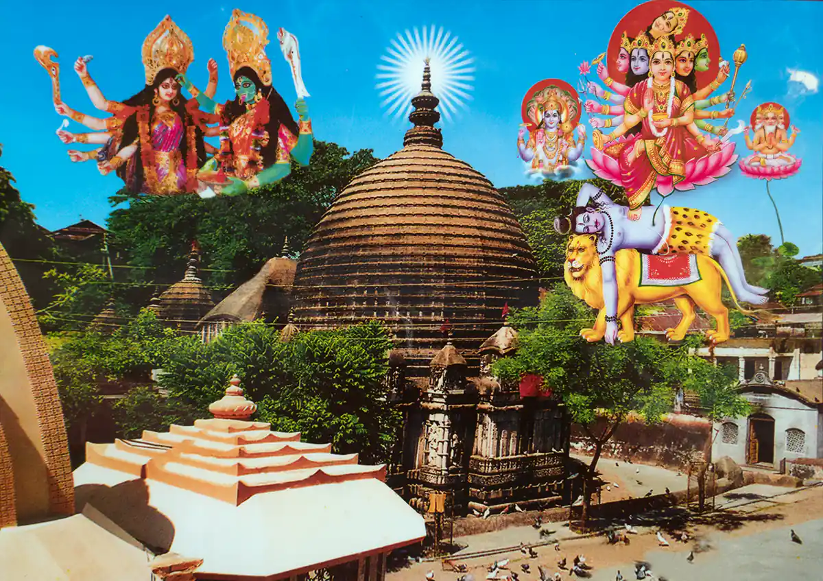 Photograph of Kamakhya Temple, with mythological Hindu scenes Photograph of Kamakhya Temple, with mythological Hindu scenes