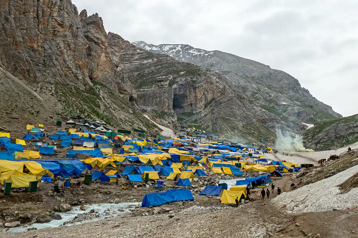 Tents for pilgrims at Amarnath Shiva Cave Temple Tents for pilgrims at Amarnath Shiva Cave Temple