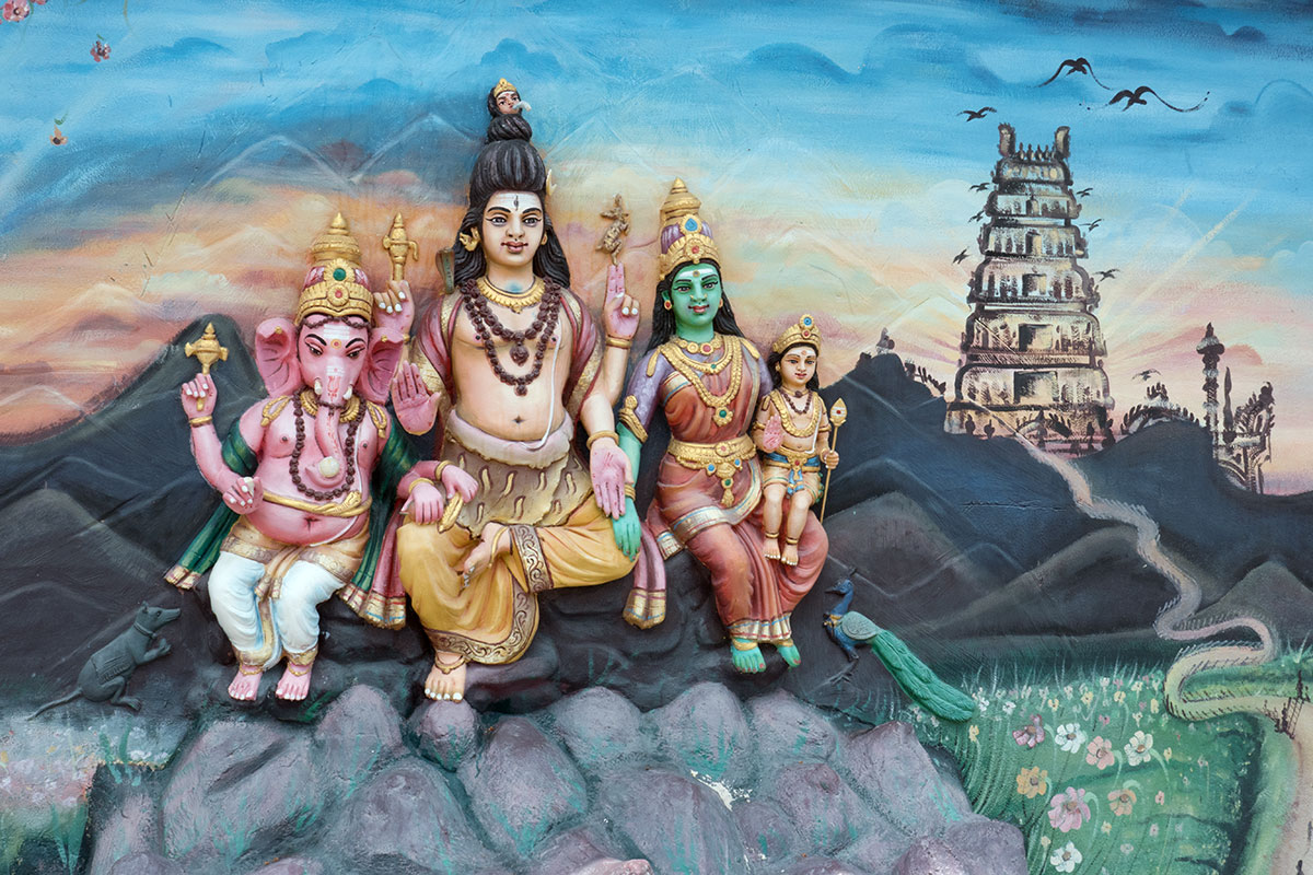 Painting of Shiva, Parvati, Ganesh and Muruga at Palani Temple, Tamil Nadu, India on wall of Kallumalai Muruga Temple, Ipoh, Malaysia Painting of Shiva, Parvati, Ganesh and Muruga at Palani Temple, Tamil Nadu, India on wall of Kallumalai Muruga Temple, Ipoh, Malaysia